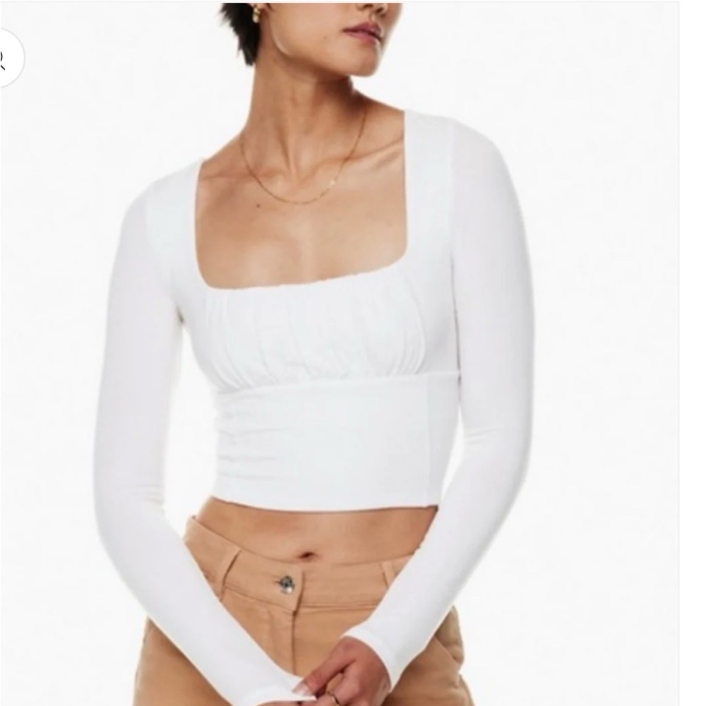 Wilfred Free White Ruched Bust Cropped Long Sleeve Top Size Small Minimalist